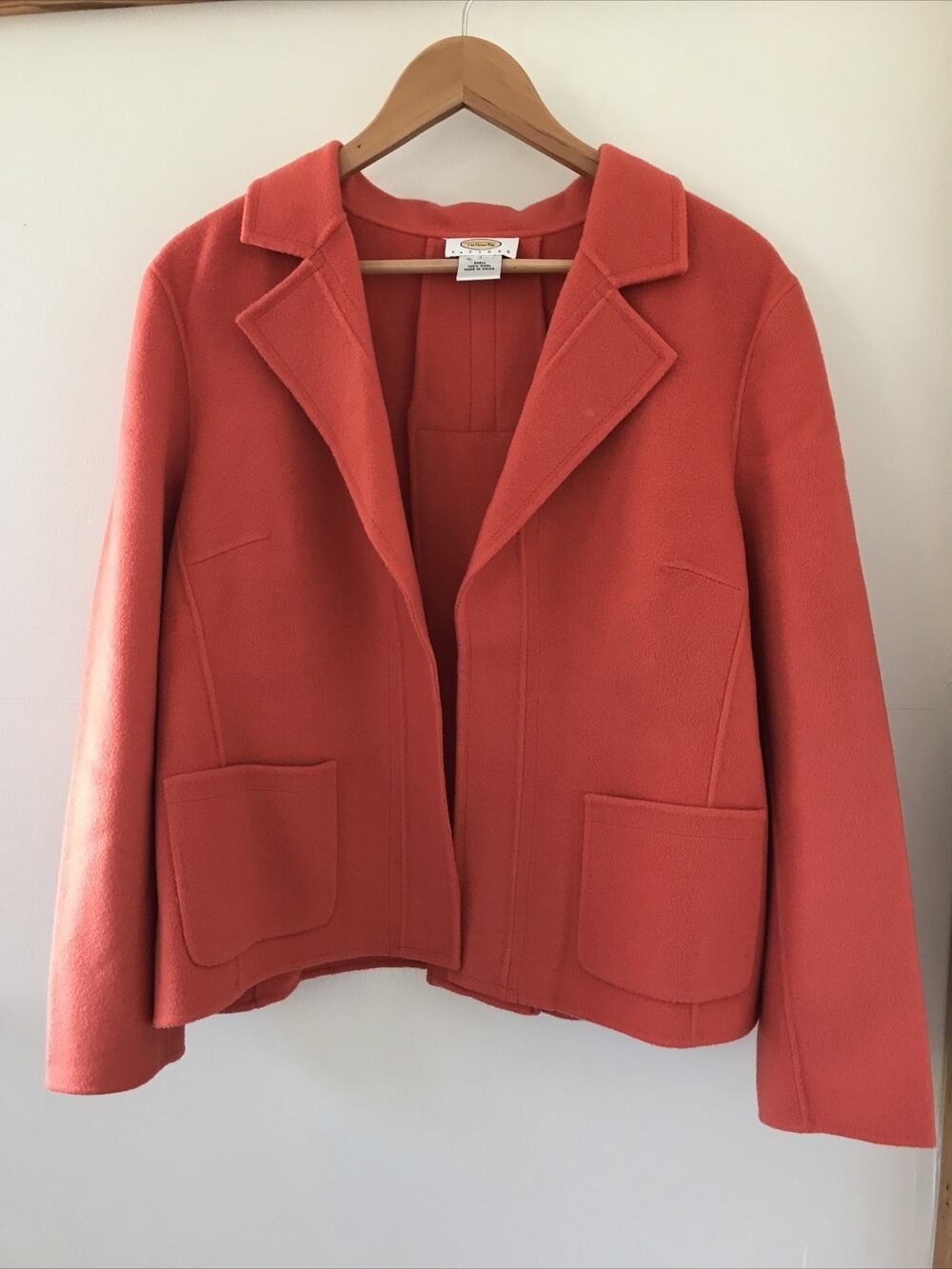 Talbots Petites Womens Peach Orange Soft 100% Wool Open Jacket Blazer 48" L